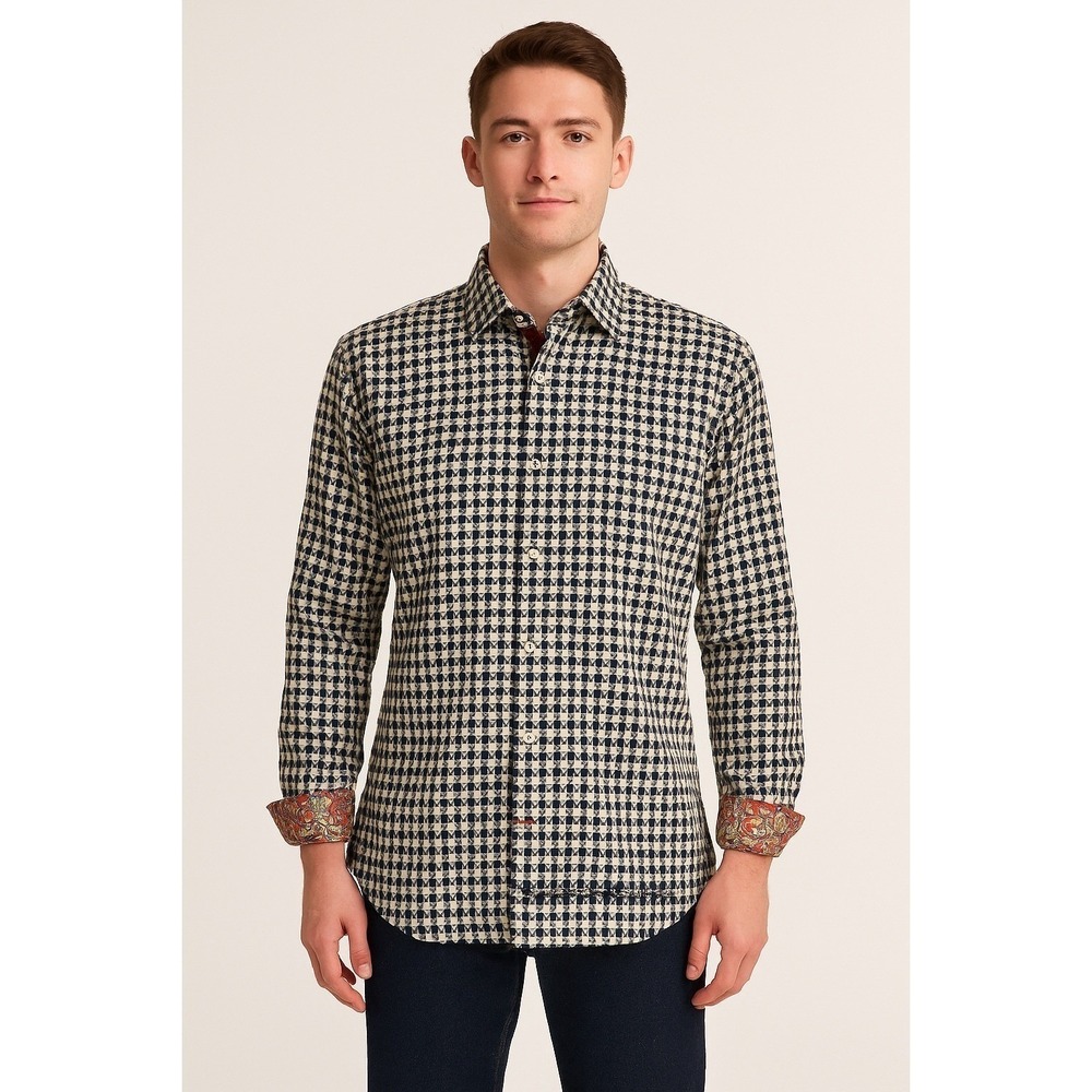 Robert Graham Houndstooth Blue/Cream Large Shirt Colorful Cuffs Long Sleeves